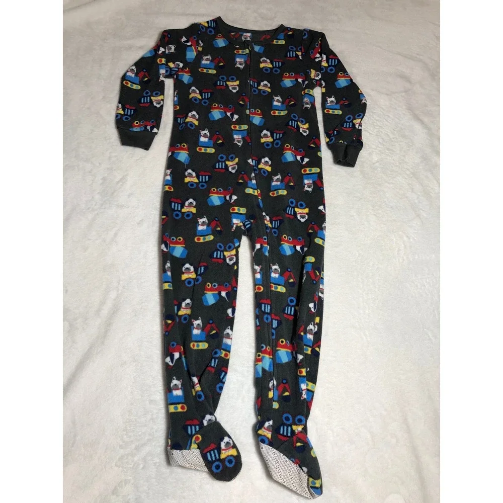 5/$25 Kids Headquarters Footed Pajamas 4T Gray Construction Dog Fleece Sleeper